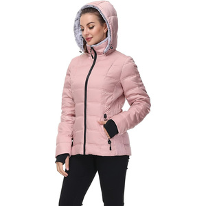 Pink Hooded Puffer <b>Jacket</b> With Zipper Closure And <b>Fleece</b> Lining Winter Wear For Women Casual Style Slim Fit - Product Image 1