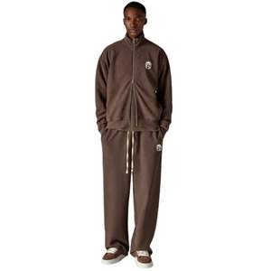 Ensemble veste et pantalon de jogging côtelés marron délavé à col montant zippé pour homme – Style décontracté en coton, streetwear et tenue de sport - Product Image 6