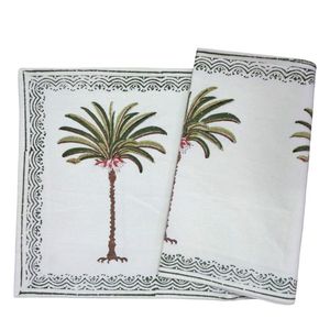 Latest Design Palm Tree Printed Beige Cotton Canvas <b>Table</b> <b>Runner</b> 33X120 Cms with Blue Border Classic Home Decor At Cheap Price - Product Image 3
