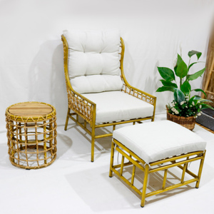 Natural <b>Rattan</b> Armchair Ottoman Set Cushions Teak Top Side Table Outdoor Eco-Friendly Durable Living Room Furniture - Product Image 6