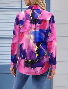 Camisa de poliéster para mujer, corte ajustado, con botones, manga larga, blusa elegante para el trabajo, informal, con estampado floral, con bolsillos - Product Image 2