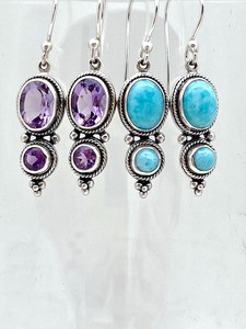 Boucles d'oreilles Bali en argent sterling avec double pierre améthyste et larimar, bijoux artisanaux en pierres précieuses, cadeau élégant pour femme, vente en gros - Product Image 6