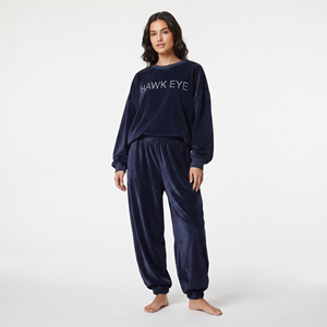 Ensemble de survêtement en velours bleu marine pour femme, sweat-shirt à col rond à manches longues, coupe ample, pantalon de jogging avec poches latérales, tenue décontractée - Product Image 4