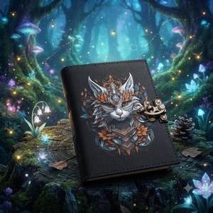 400 Pages Cat Leather Grimoire Journal Vintage Water Color Spell Book Multi Color Deckle Edge Paper Antique <b>Lock</b> - Product Image 3
