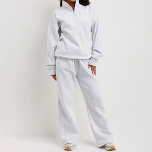 <b>Women's</b> Light Gray <b>Half</b>-<b>Zip</b> <b>Sweatshirt</b> And Pants Tracksuit Set Full Sleeve Loose Fit Solid Color Autumn Wear With Side Pocket - Product Image 1