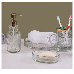 Premium Luxury Round Gradient Glass Bath Set Gold Pump Soap Dispenser <b>Toothbrush</b> <b>Holder</b> Soap Tray Tumbler Cup for Bathroom Use - Product Image 2