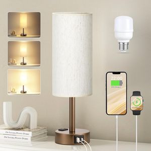 Lampada da Comodino Marrone Dimmerabile a 3 Modalità con Porte di Ricarica USB-C e Presa AC, Piccola Lampada da Scrivania in Lino per Camera da Letto - Product Image 4