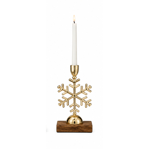 Porte-bougie de Noël en fer au design unique, base en bois, flocon de neige en métal, pour centre de table ou décoration de maison - Product Image 1