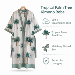 ชุดกิโมโนผ้าฝ้ายลายใบปาล์มเขตร้อนสำหรับผู้หญิง คอวี แขนยาว แต่งขอบตัดสี มีกระเป๋า 2 ช่อง ชุดนอนลายพฤกษศาสตร์ - Product Image 3