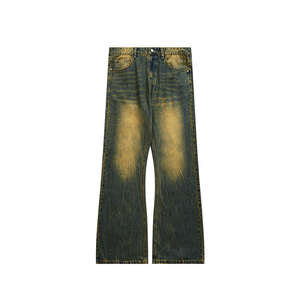 Jean Baggy Léger Coupe Droite en Coton Denim Selvedge Brut avec Boutons Décoratifs Respirant Uni - Product Image 1