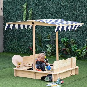 Sabbiera in Legno Convertibile con Tettuccio Regolabile e Schienali a Panchina, Fondo Blu Naturale, Arredamento Convertibile per Bambini - Product Image 2