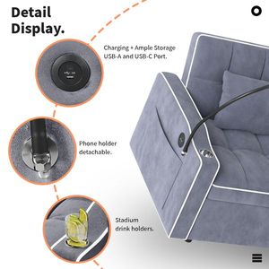 Poltrona Letto Pieghevole in Velluto a Coste con Cuscino, Portabicchieri in Acciaio Inox Spazzolato, Supporto per Telefono e Porta USB per Ricarica - Product Image 6