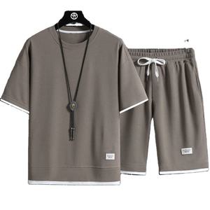 Mens Casual Solid Color Summer Two Piece Shorts Suit Loose 2 Piece Waffle T-shirt Short Set <b>Tracksuit</b> - Product Image 1
