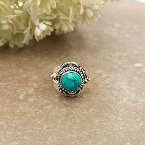 Brass S925 Sterling Silver Natural <b>Turquoise</b> <b>Ring</b> Handcrafted Vintage Boho Rope Border Statement <b>Ring</b> for Women - Product Image 1