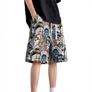 Pantalones Cortos Bermuda para Hombre, 100% Algodón, Cintura Media, Cierre con Cordón, Estampado de Caras de Dibujos Animados, Transpirables, Tejido Casual - Product Image 1