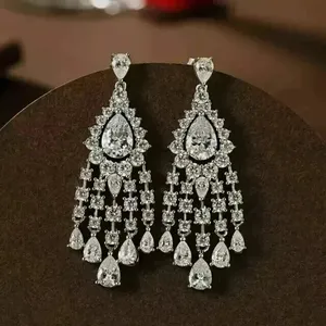 Moissanite 4.00CT Pear Cut Drop <b>Dangle</b> Chandelier <b>Earrings</b> Sterling <b>Silver</b> 14K White Gold Plated Women's - Product Image 4