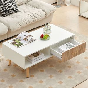 Tavolino da Caffè Moderno Bianco Rettangolare con Gambe in Legno Massello e Cassetto Scorrevole per Soggiorno - Product Image 5