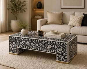 Table basse ronde en os incrusté de style américain, motif bleu et blanc, design décoratif, artisanat ARIF AH-00570, fabriquée en Inde - Product Image 3