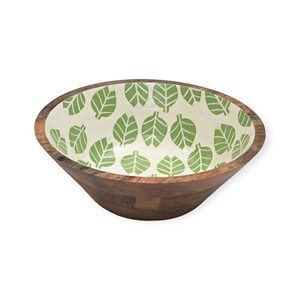 Modern Handmade Wooden <b>Bowl</b> with Green Leaf Print <b>Enamel</b> Interior for Fresh Natural Table Look - Product Image 1