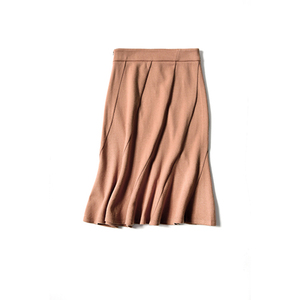 Jupe plissée en maille unie taille haute coupe trapèze pour femme, longueur genou, couleur camel, idéale pour l'automne et le bureau - Product Image 1