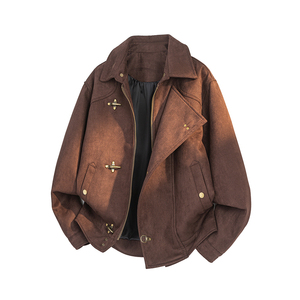Men's <b>Suede</b> Leather <b>Jacket</b> Solid Color Zipper Closure Turn-down Collar Casual Style Autumn Windproof Thick Regular Fit - Product Image 4