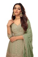 Kurta/Kurti élégant en modal vert chinon avec broderie de sequins et dupatta, idéal pour les mariages traditionnels indiens/pakistanais, tenue d'été/d'hiver