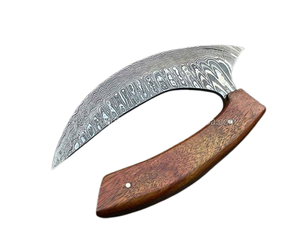 Custom Handmade Damascus Steel Pizza Cutter Wheel Ulu Knife Premium Wooden Handle Kitchen Axe with Genuine Leather Sheath - Product Image 3