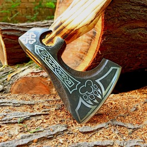 Customized Norse Style Tomahawk <b>Axe</b> With Engraved Steel Blade And Wooden <b>Handle</b> For Survival Use - Product Image 5