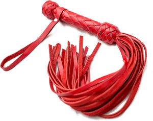Black Leather Whip with Red Cord and Textured Grip for <b>Equestrian</b> Training - Product Image 1