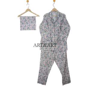 Ensemble de pyjama de luxe 100 % coton, imprimé floral indien fait main, manches longues, pour femme, printemps-été, tenue décontractée de nuit - Product Image 5