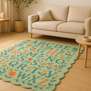 Custom Luxury blue Wool Rug Hand Tufted Abstract Wave Design <b>Carpet</b> alphabetic design for Modern and Minimalist Interiors - Product Image 2