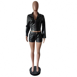 Conjunto de Chaqueta y Pantalones Cortos de Cuero Sintético para Mujer, Estilo Motero, Atuendo Urbano Moderno, Venta al Por Mayor OEM - Product Image 1