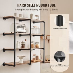 Set di 3 Mensole a Muro Industriali in Legno Rustico a 4 Ripiani con Tubi, 30 cm, Ideali per Stoccaggio e Organizzazione - Product Image 3