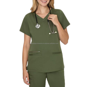 Unisex Olive Green Cotton Knitted V Neck <b>Scrub</b> <b>Top</b> with Front Pockets and Stethoscope Loop for Hospital Use - Product Image 1