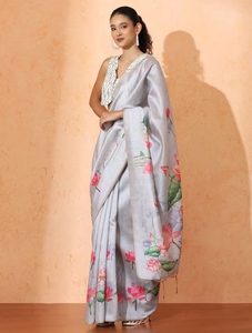 Sari de Seda Tussar Gris con Estampado Floral KV con Blusa Sin Coser - Product Image 6