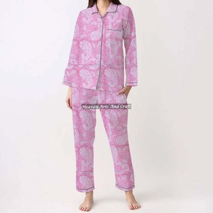 Conjunto de pijama para casa de verano hecho a mano, bloque indio, Primavera/Verano, Floral/personaje/letra/patrón/vacaciones/patrón de árbol de coco - Product Image 3