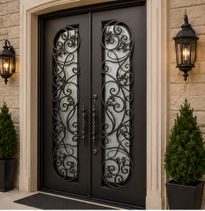 Elegante Puerta Doble de Hierro Forjado con Decoración Floral, Vidrio Esmerilado, Diseño de Entrada Principal de Lujo - Product Image 2