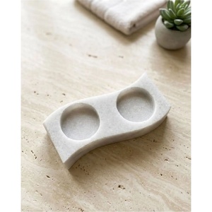 Plateau de service double section en marbre blanc naturel, coins arrondis, plateau à collation en pierre, support à fruits secs, organisateur de table polyvalent - Product Image 4
