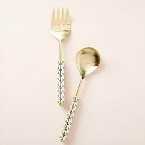 Juego de 2 elegantes utensilios de cocina para servir, cuchara y tenedor, hechos a mano, de acero inoxidable, con diseño de hoja, para ensalada, al precio más bajo. - Product Image 3