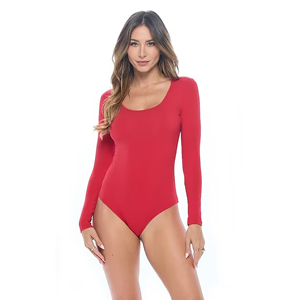 Maillot de bain une pièce pour femme, col rond, manches longues, couleur unie, coupe haute, bas string extensible, vêtements de plage anti-UV - Product Image 5