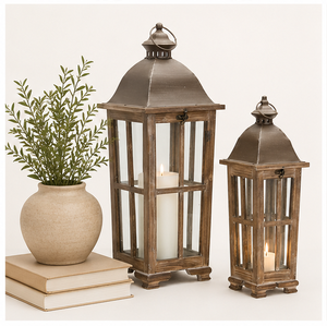 <b>Set</b> of 2 Wood and Metal Candle <b>Lanterns</b> Farmhouse Decorative <b>Lantern</b> for Wedding Centerpiece Antique Brown Wooden Candle Holder - Product Image 3