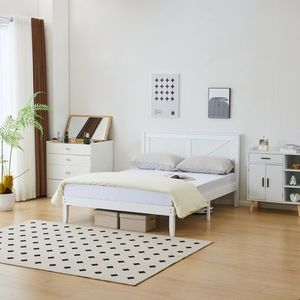 White Full-Size Solid Wood <b>Platform</b> <b>Bed</b> <b>Frame</b> with Headboard - Product Image 6