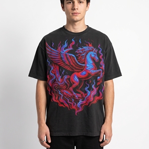 <b>Men's</b> Black Gothic T <b>Shirt</b> with <b>Red</b> and Blue Pegasus Illustration and Relaxed Fit Short Sleeve Streetwear Style - Product Image 1