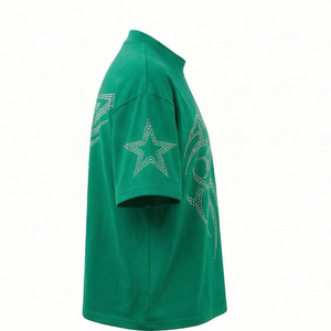 T-shirt vert surdimensionné pour homme Malika, manches courtes, col rond, imprimé pailleté, motif étoile, style streetwear, jersey tricoté respirant - Product Image 3