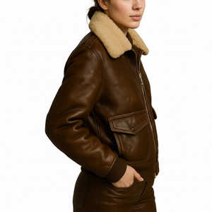 Veste bomber en cuir de vachette marron antique artisanale de qualité supérieure pour femmes Leathertex avec col en fourrure coupe-vent taille XS - Product Image 1