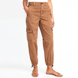 Women's Brown Cargo <b>Pants</b> Mid Waist Ankle-Length Cotton Canvas Casual Jogger With Pockets Regular Fit Button Fly Solid Color - Product Image 1