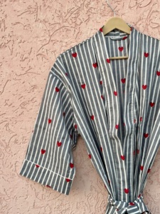 Cotton Kimono <b>Robe</b> Striped Heart Print Loungewear Summer Spring Long Sleeve V-neck Boho <b>Beach</b> Gown - Product Image 5