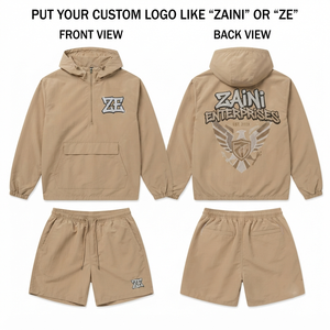 ชุดเซ็ตเสื้อแจ็คเก็ตและกางเกงขาสั้นกันลมสำหรับผู้ชาย ZAINI ZI-102 ผ้าโพลีเอสเตอร์ทาสลันพรีเมียม 145 GSM สีกากี มีฮู้ด ปักลายได้ตามต้องการ แห้งเร็ว เหมาะสำหรับฤดูหนาว สวมใส่สบาย - Product Image 1