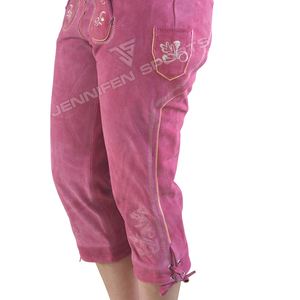 Shorts en cuir suédé rose bavarois pour femmes, sous le genou, avec bretelles, taille haute, motif floral brodé, style vintage - Product Image 5