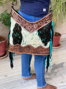 กระเป๋าสะพายข้างหนังสไตล์โบโฮประดับพู่สำหรับผู้หญิงกระเป๋าถือช้อปปิ้งมีพู่ทำจากหนังโลหะงานแกะสลักด้วยมือจริงแบบตะวันตก - Product Image 3